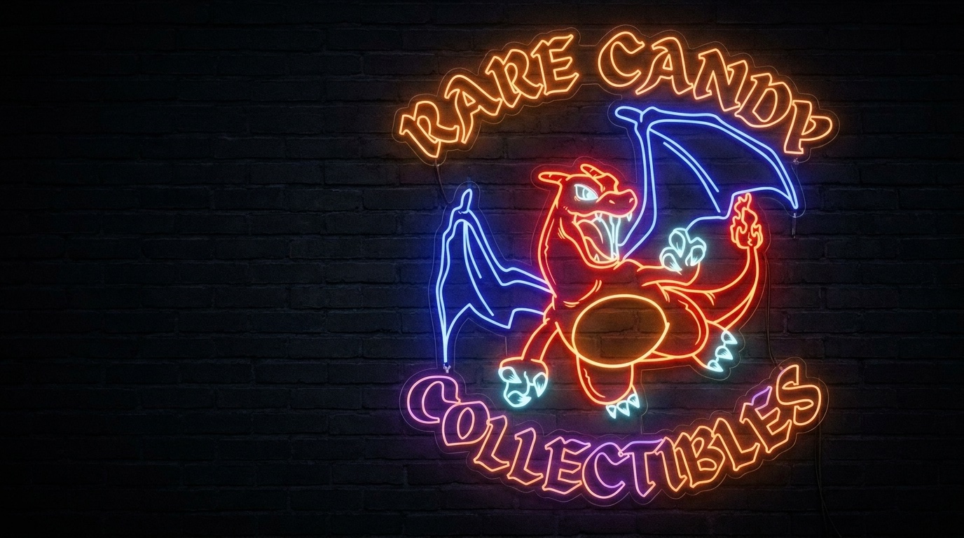The real Rare Candy Collectibles neon sign — the dragon glowing orange and blue on a dark wall
